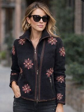 CoVelo Black Coat Red Embroidered Floral Felted Boiled Wool Jacket, size Medium